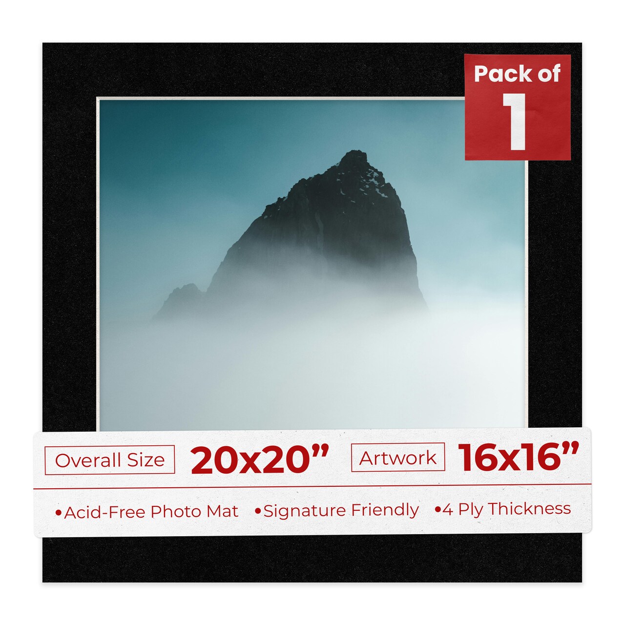 Black with Black Core Mat Board for 20x20 Frames - Fits 16x16 Photos